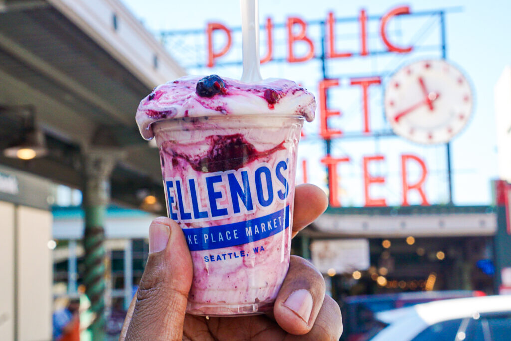 Ellenos greek yogurt in front of PIke Place Market in Seattle