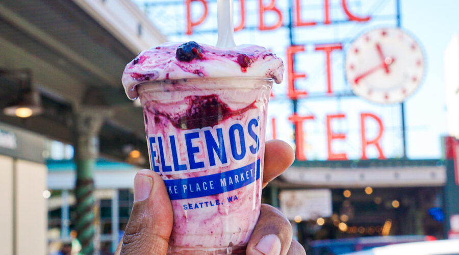 Ellenos greek yogurt in front of PIke Place Market in Seattle