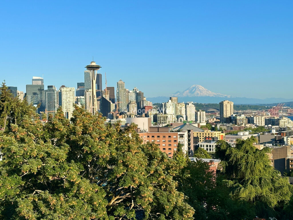 view of seattle skyline with space needle and mount rainier