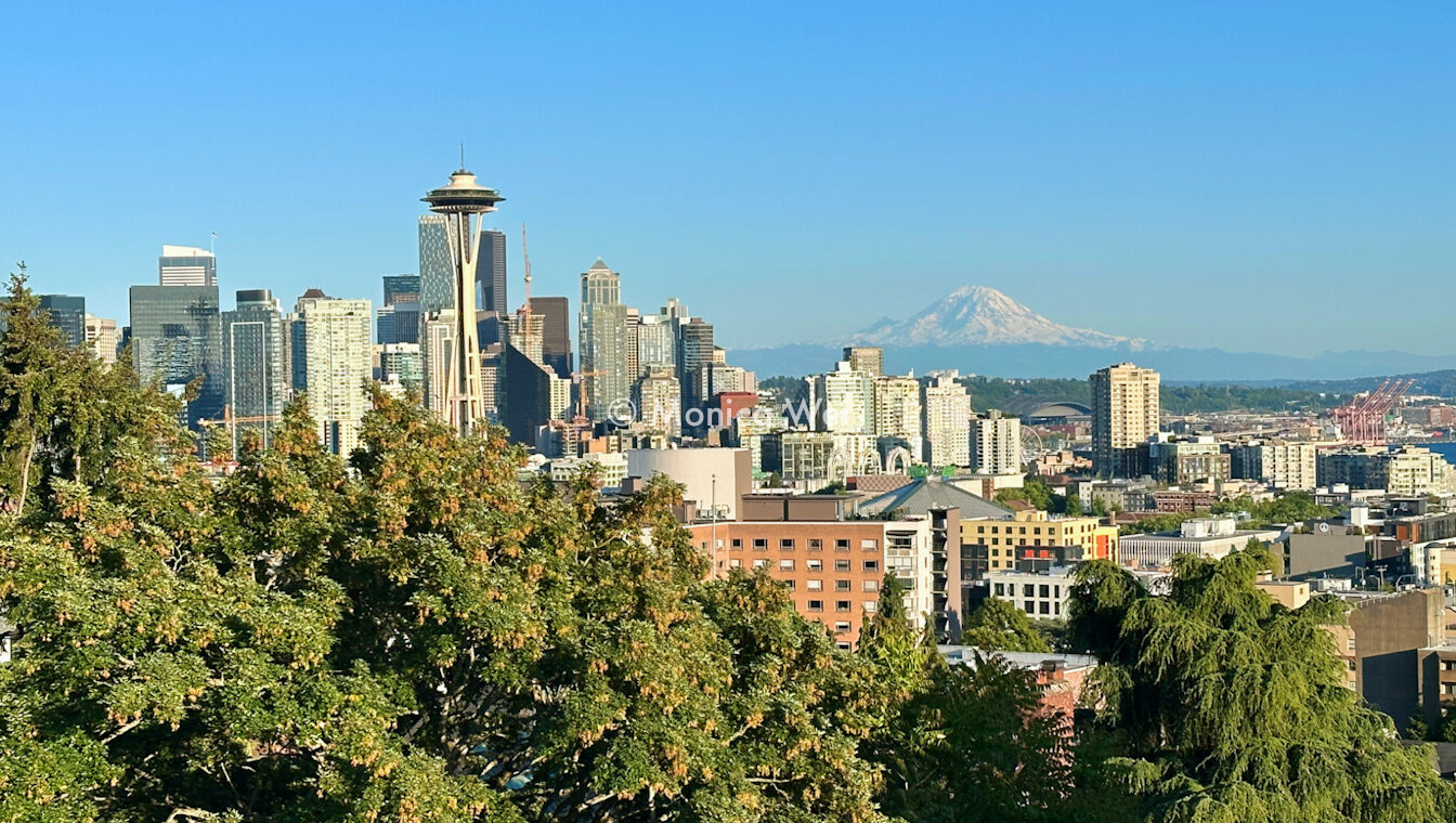 seattle skyline view of the space needle and mount rainier